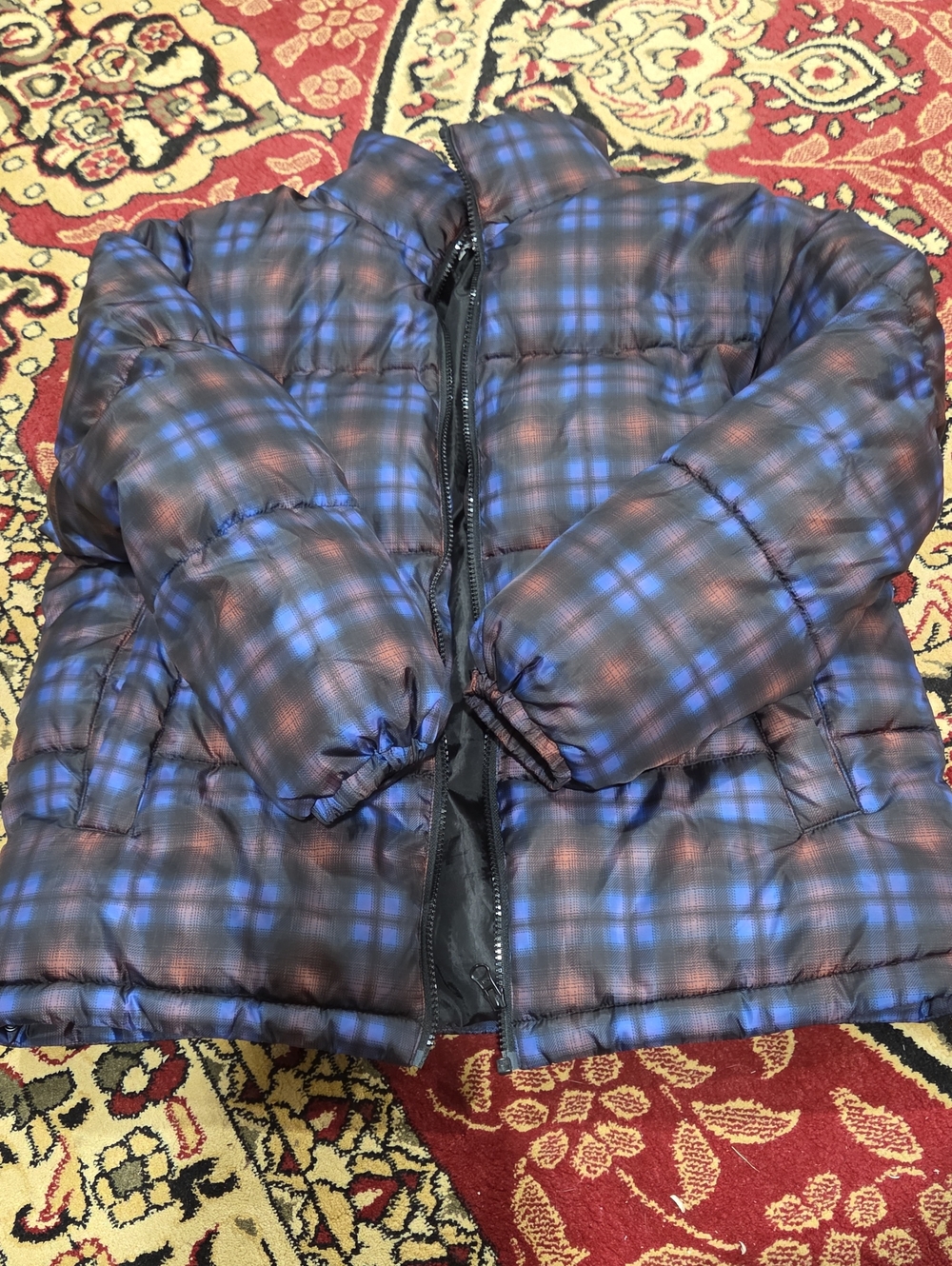 Plaid Puffer Jacket - Blue & Brown